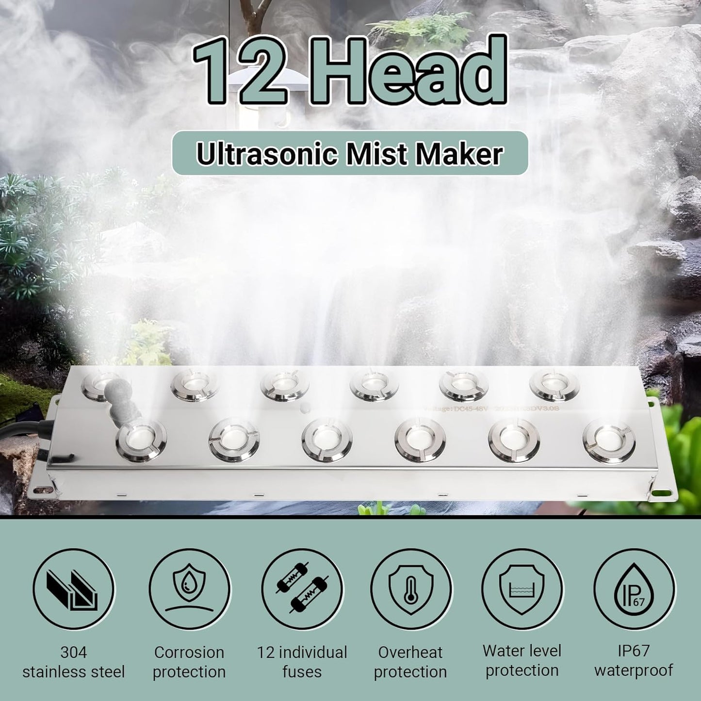 Ultrasonic Mist Maker 12 Heads, Ultrasonic Fogger Pond Fogger Waterproof Power Supply, Perfect for Pond, Greenhouse, Rockery, Lawn, Halloween Decoration