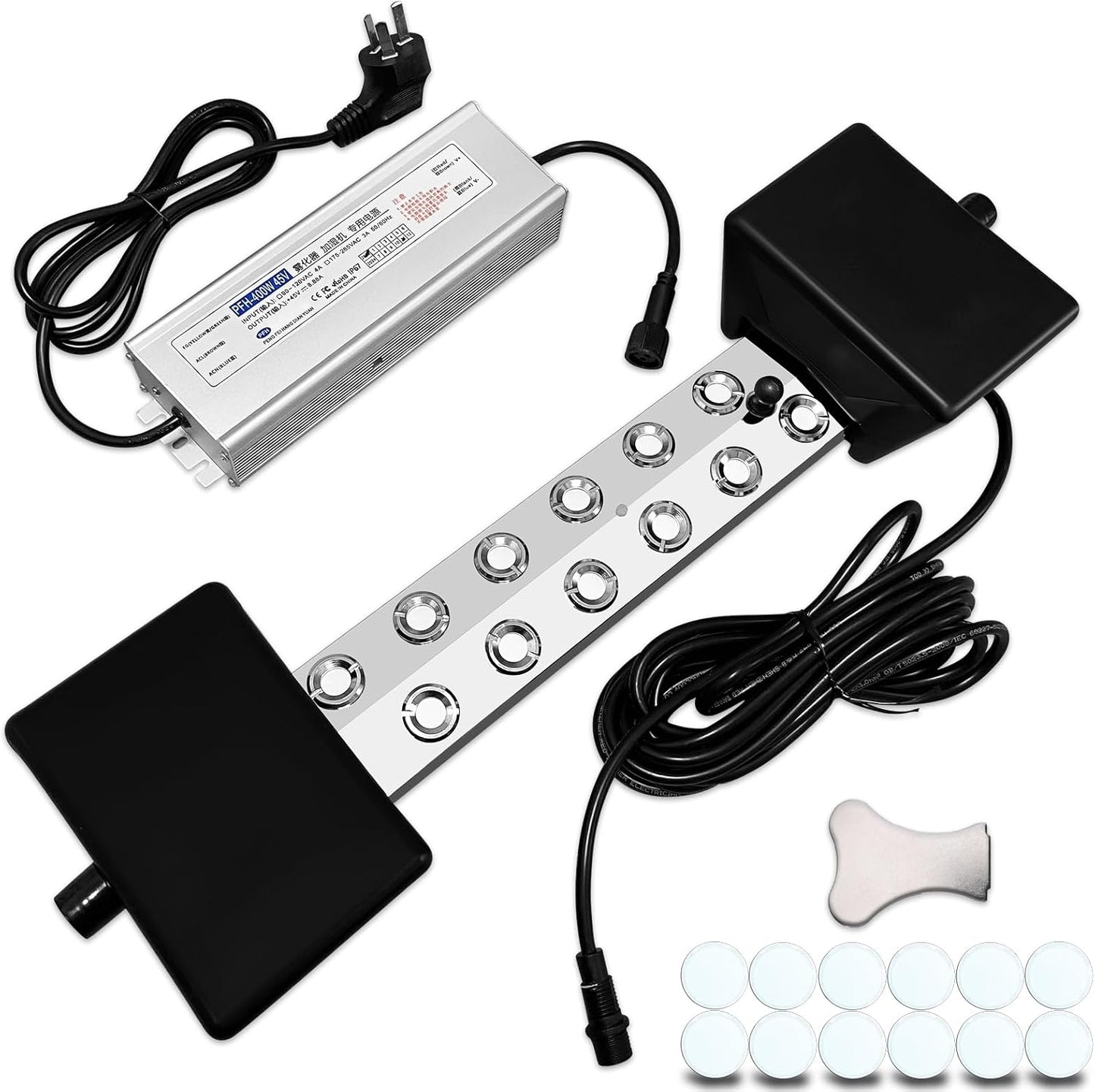 Ultrasonic Mist Maker 12 Heads, Ultrasonic Fogger Pond Fogger Waterproof Power Supply, Perfect for Pond, Greenhouse, Rockery, Lawn, Halloween Decoration